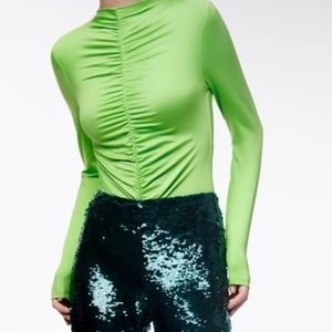 Zara Green Long Sleeve Ruched Bodysuit, size M